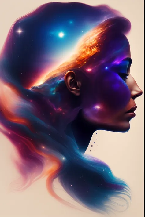 dreamlikeart, woman connecting with universe, profile melting into universe, spiritual, divine, concept art, innards is seen through skin