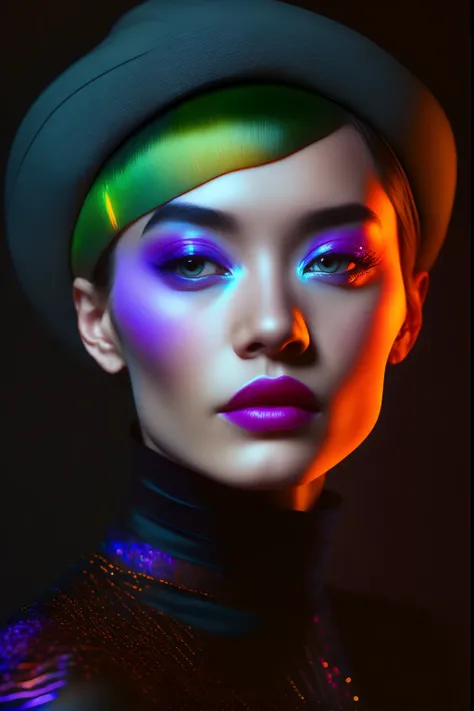 35mm, neon, analog photo, dynamic lighting, chiaroscuro, hiper realismo, luminismo, HD, muito detalhado. Colorful gradients. Gradient glow. Avant-garde makeup. Orange-violet-green lights. Woman’s skin is multi-colored in a beautiful glow. Gradients on face...