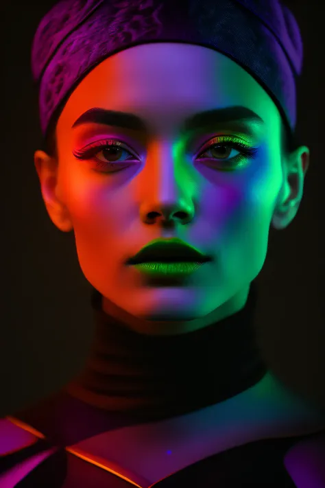 35mm, neon, analog photo, dynamic lighting, chiaroscuro, hiper realismo, luminismo, HD, muito detalhado. Colorful gradients. Gradient glow. Avant-garde makeup. Orange-violet-green lights. Woman’s skin is multi-colored in a beautiful glow. Gradients on face...