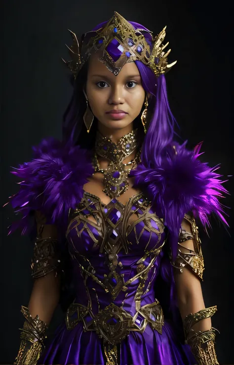 uma mulher em um vestido roxo e coroa com penas, cosplay ornamentado, traje de joias, cosplay glamouroso, Samira de League of Legends, figurino intrincado, vestindo armadura roxa escura, Liliana Vess, Princesa de Ametista, armadura roxa, Retrato de uma rai...