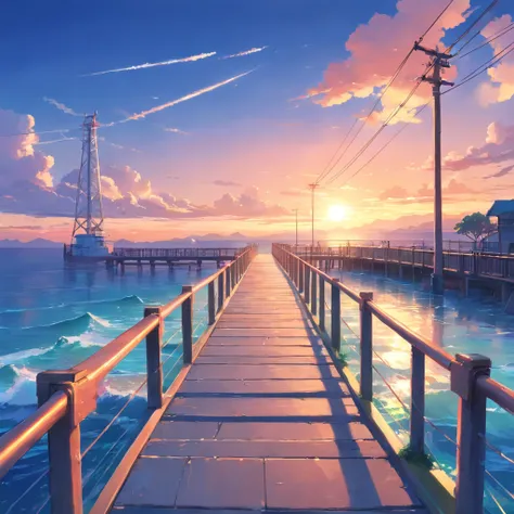 8K, Best Quality, masutepiece, Scenery,pier,wharf， Sea, seaside, utility pole, A long stone bridge stretching to the sea, a panoramic view, Jet flying in the sky leaving two white air trails. Blue sky, Sunset, evening, Coral reefs by the sea