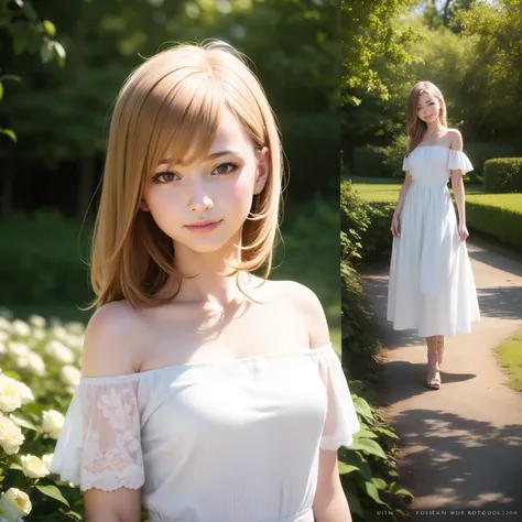 Best quality, masterpiece, ultra high res, (photorealistic:1.4), raw photo, 1girl, white dress, off shoulder, blossom flower field, glowing skin, light smile