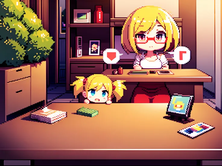 Pixel art,16bit, 24colors, pixelated game screens, 1girl, green short hair, red glasses, kawaii, chibi, tiny, big head, cute atmosphere, childrens games, Casual games, fusion puzzle games,