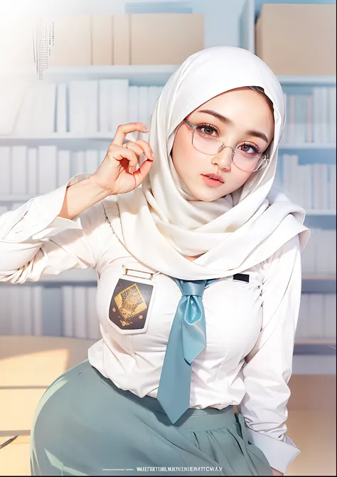 1girl, white hijab, white shirt pencil, necktie, skirt, glasses, realistic, ultra detail,