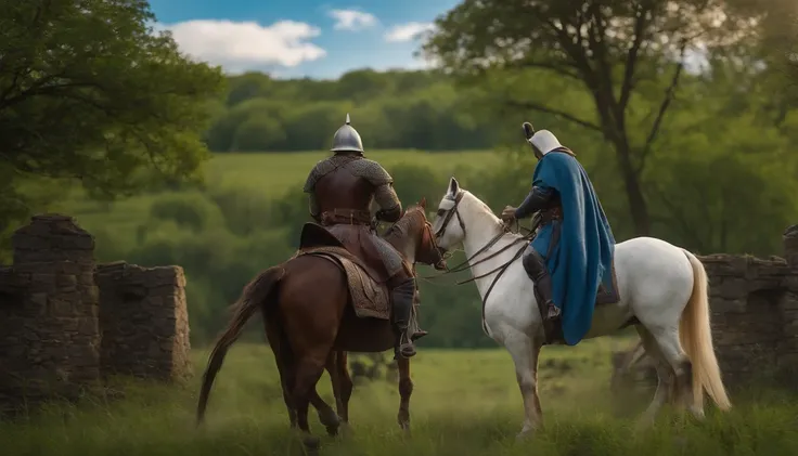 One(blue clothes)The back of the army，In the distance there is a lord on horseback，with blue sky and white clouds，Medieval view,the trees，rios，grassy fields，Fantastical，4K，best qualtiy，primitive，（(Ultra-detailed and high-precision details))