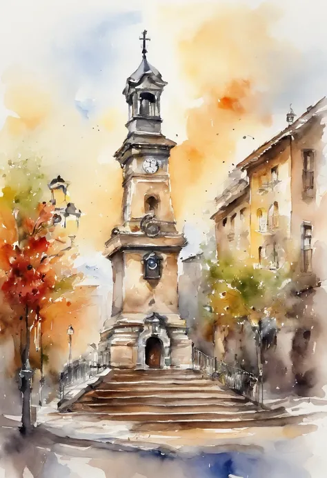 An anchor-shaped clock tower stands in the square, silver clock, watercolor touch, turner