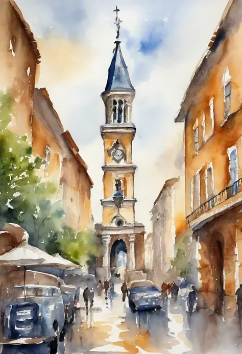 An anchor-shaped clock tower stands in the square, silver clock, watercolor touch, turner