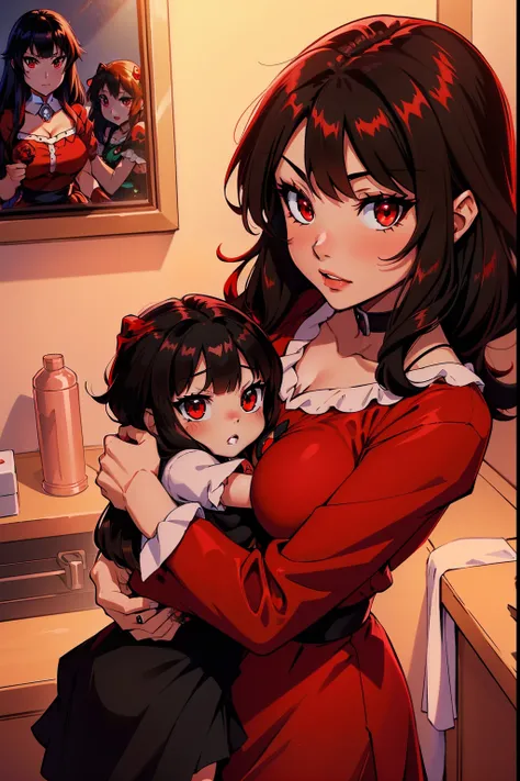 Megumin (Megumin have black hair, red Eyes) with all little three daugheters: Esmeralda, Ruby, Aria Rose. (Esmeralda have brown hair , red eyes). (Ruby have Red Hair, green eyes),  (Aria Rose have Black hair, blu eyes)