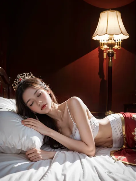 Sleeping Girl,Top image quality,movie camera,Young and beautiful princess in the Chinese royal palace,Wearing gorgeous white panties and Chinese style red nightgown,Live in Chinas ancient royal palaces,Relax in the bedroom,Full body portrait,Stylish art,,D...