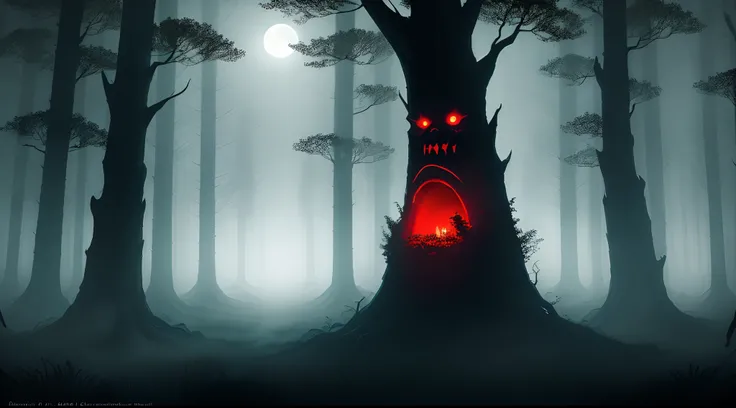 An ominous, moonlit forest shrouded in mist, with towering, gnarled trees that reach towards the night sky. A sinister, animated fog snakes through the woods, revealing glimpses of classic horror movie characters lurking in the shadows, their eyes glowing ...