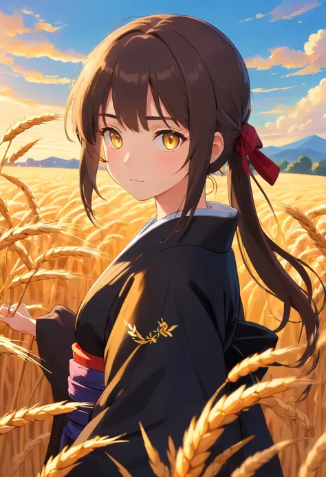 A girl in a kimono，Standing dazed in a waist-deep wheat field, Black kimono with gold edges, her hair is in a pony tail, Yellow eyes, The setting sun was reflected in her eyes, The light fell on her face, Semi-sideways to the camera