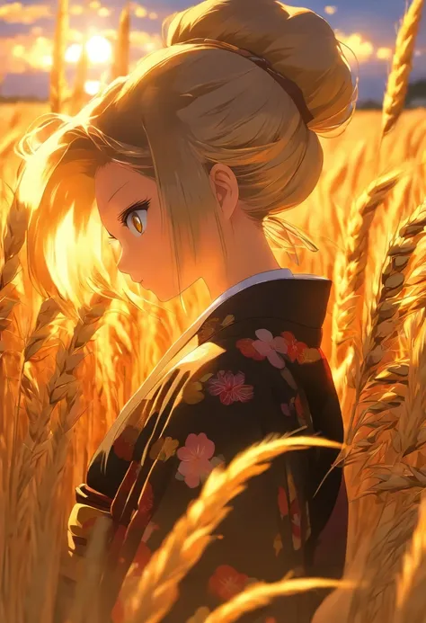 A girl in a kimono，Standing dazed in a waist-deep wheat field, Black kimono with gold edges, her hair is in a pony tail, Yellow eyes, The setting sun was reflected in her eyes, The light fell on her face, Semi-sideways to the camera