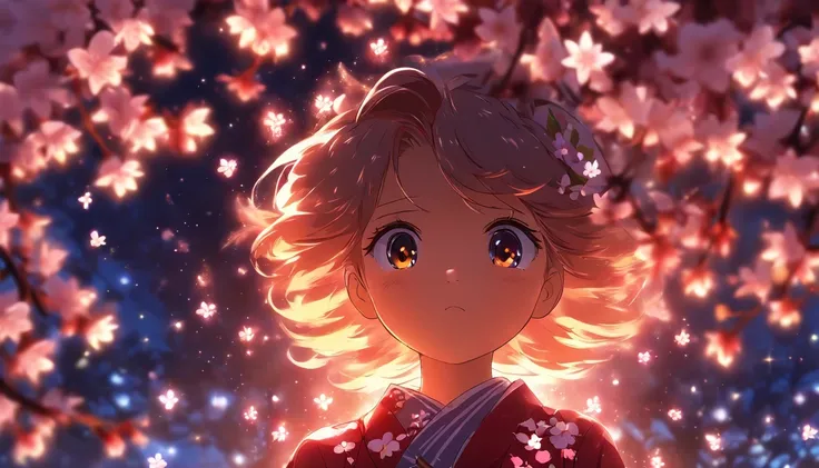 Little girl standing under a cherry blossom tree，Stars shine