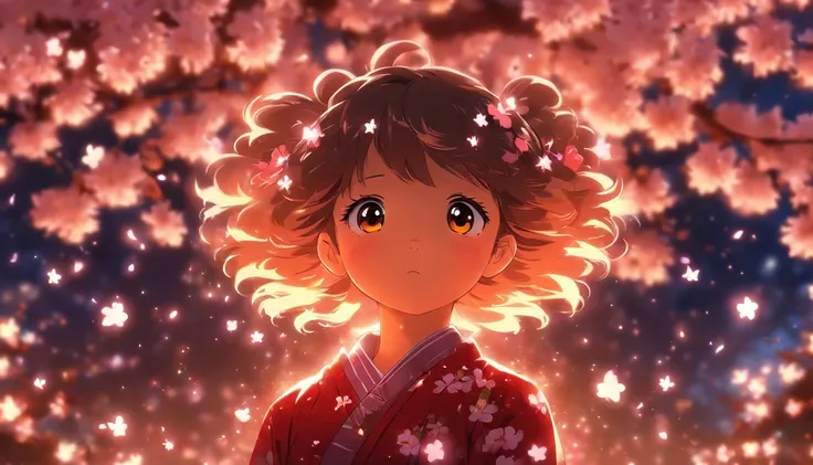 Little girl standing under a cherry blossom tree，Stars shine