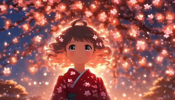 Little girl standing under a cherry blossom tree，Stars shine