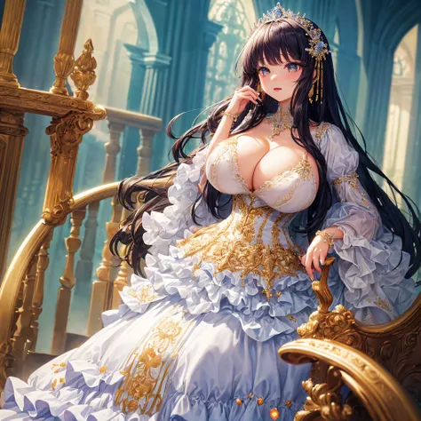 (masterpiece, best quality,extremely detailed:1.1),(moe anime art style:1.2),1girl,full body, ((solo)), cute, kawaii,digital art,((1 bling-bling anime princess wearing beautiful embroidery and jeweled ruffled gorgeous princess ballgown with voluminous full...