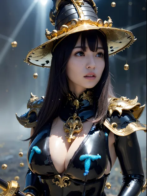 ((World of Darkness)),Professional , ​masterpiece、top-quality、photos realistic , depth of fields 、(((With a magic wand of gems))),（Dragon Black Metal Body:1.４),(latex black-blue、（cleavage of the breast）、Dragon Gold Weapon、(((Particles of light))),（Micro Bi...