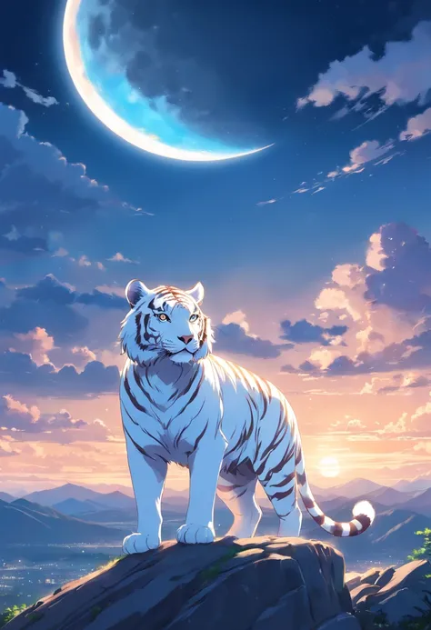 White tiger，（Through the clouds），（Top of the mountains），（with an intricate），（super detailing），（hazy，（strong limbs），（Moon Night），（ultraclear），（best qualtiy），Impact force