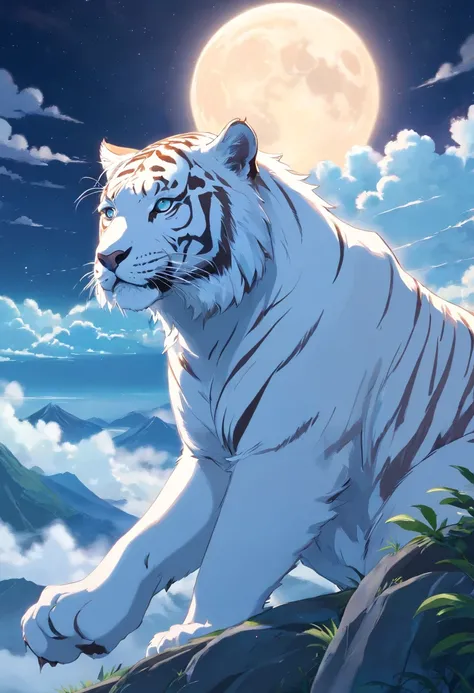 White tiger，（Through the clouds），（Top of the mountains），（with an intricate），（super detailing），（hazy，（strong limbs），（Moon Night），（ultraclear），（best qualtiy），Impact force