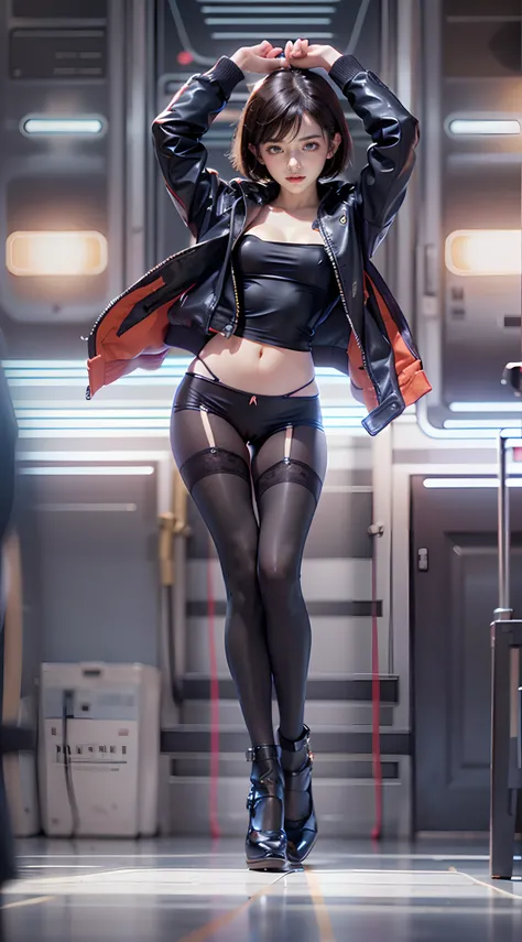 (The FW), 1womanl, 24 year old, 7headed body, (cute  face), (Ideal ratio body proportions), spaceships, leather jackets, panties on, panties focus, long , de pele branca, small tits, A slender, Dark hair, short-hair, beauty legs, Small buttocks, Skinny Leg...