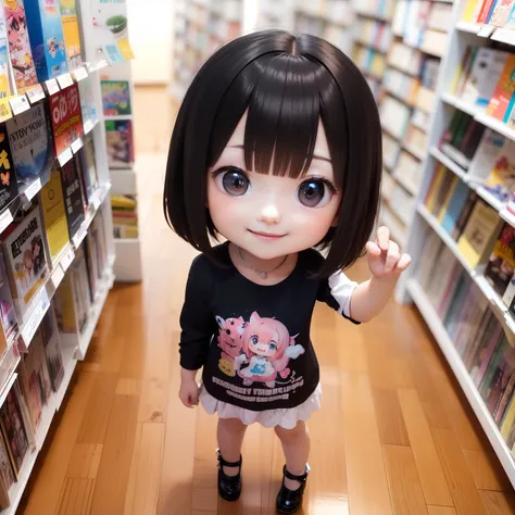 Cute Baby Chibi Anime、（((Chibi 3D）））（Best Quality），（masutepiece）、Chibi Bookstore、fashion modell、Black Hair Bob Hairstyle、Open your mouth and smile、a small face、Standing