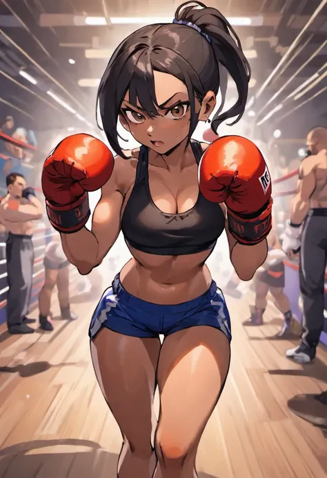 Mature female boxer、Ponytail with black hair、Brown-skinned、Black sports bra and shorts、Boxing gloves、With keen eyes、boxing stance、waist line、Boxing gym on background