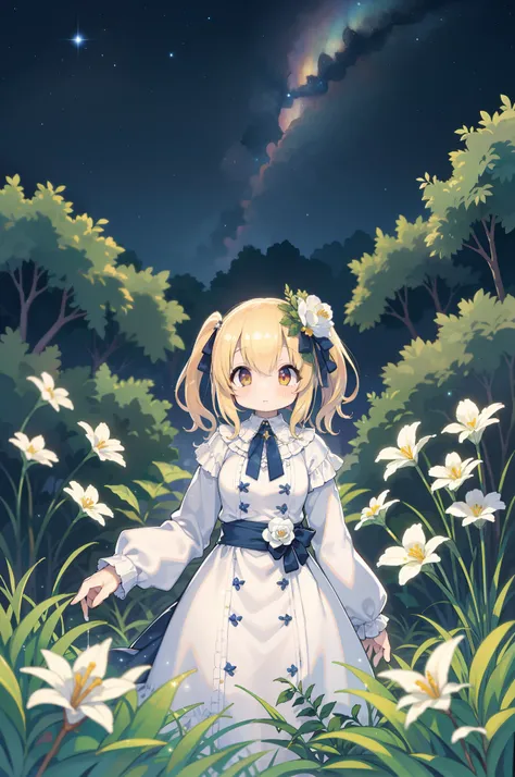 of the highest quality, high_resolution, Distinct_image, Detailed background, girl, flower, garden, Starry sky,