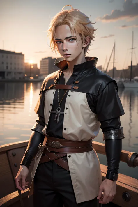 Hyperrealistic boy with natural blonde hair black eyes medieval loose clothes black pants standing on a boat hyperealist boy with natural blonde hair black eyes medieval loose clothes on a rainy day anime wallpaper 4k, Estilo anime 4K, 4k anime wallpapers,...