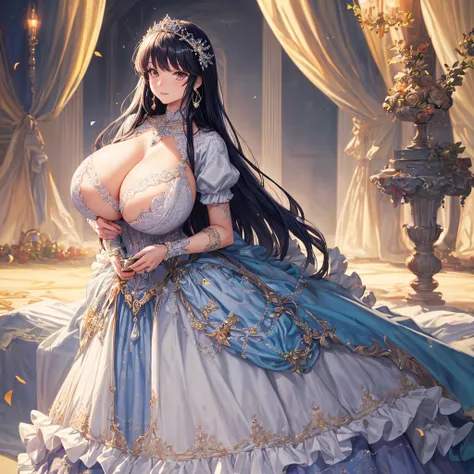 (masterpiece, best quality,extremely detailed:1.1),(moe anime art style:1.2),1girl,full body, ((solo)), cute, kawaii,digital art,((1 bling-bling anime princess wearing beautiful embroidery and jeweled ruffled gorgeous princess ballgown with voluminous full...