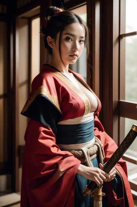 arafed woman in a costume holding a sword and a sword, she is holding a katana sword, very beautiful cyberpunk samurai, female samurai, wearing kimono armor, ornate korean polearm behind her, she is holding a sword, holding a sword on her shoulder, wearing...