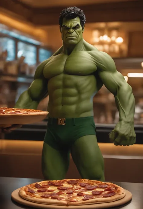 Como o Hulk，((comendo pizza )The visual detail of 8K is apprehended to the extreme，HD delicado，Facial expressions are well represented，The details of the eyes are realistic and pious，The details of the suit are meticulous，A fusion of the unique style of Ma...