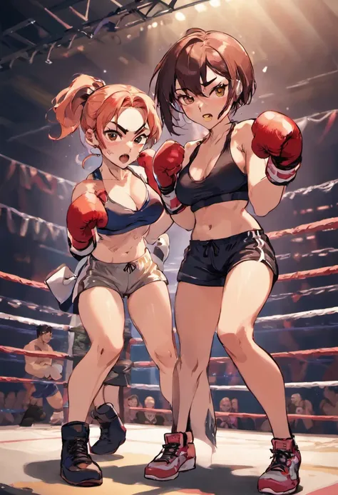 Mature female boxer、Two Women、sport bra and shorts、Boxing gloves、Boxing matches、waist line、Boxing ring on background、No audience、Do not put people in the background、Punching each other face to face