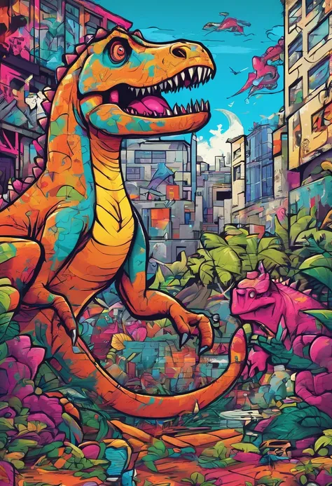 Prompt: Graffiti, Dinosaur World, The whole picture, hight resolution、highly contrast