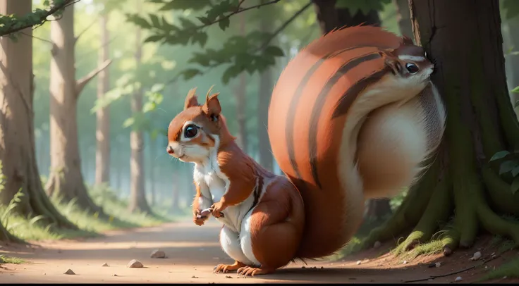 she(a red squirrel)noticed a shiny, mysterious object glinting in the distance,cartoon style,