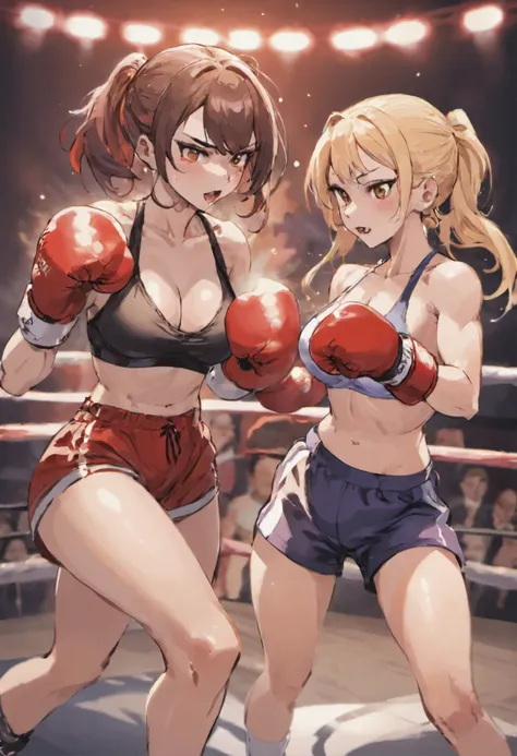 Mature female boxer、Two Women、sport bra and shorts、Boxing gloves、Boxing matches、waist line、Boxing ring on background、No audience、Do not put people in the background、Punching each other face to face