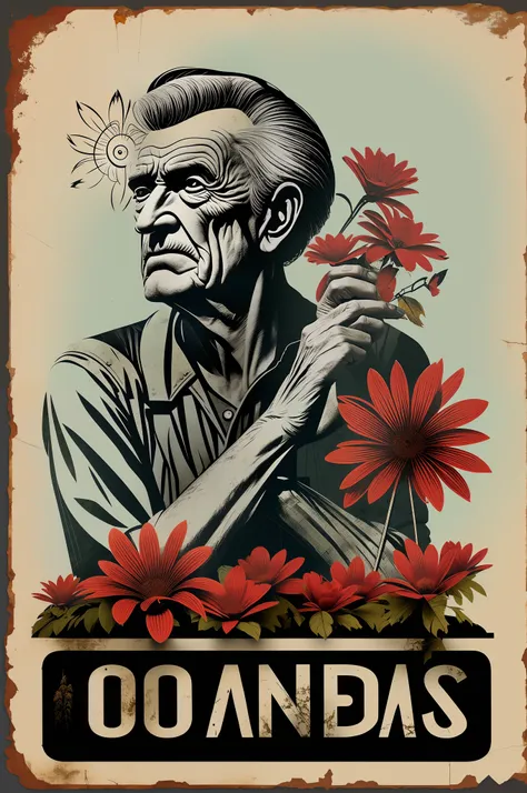 road sign of corroded metal iconography Note: Im meditating of an old man with a shotgun and a retro graphic flower from the 1950s, poster, tipografia, words in Portuguese