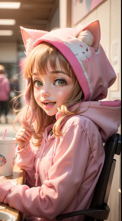 Create an artwork featuring a girl wearing a pink cat-themed hoodie. Visualize the girl in a whimsical and playful setting, surrounded by colorful elements that complement the hoodies design. Capture the girls joyful expression as she enjoys the comfort an...