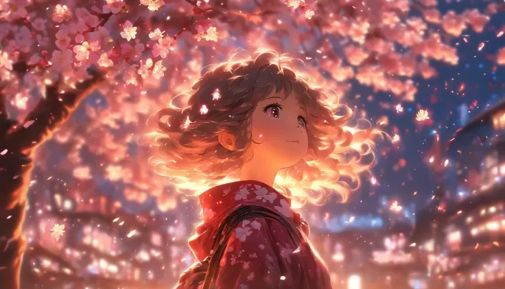 Little girl standing under a cherry blossom tree，Lateral face，full bodyesbian，Small leather boots，ventania，Big wind，messy  hair，Stars shine，OC renderer