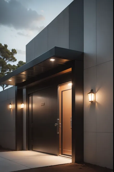 Small simple façade of an event space, with night lighting, entrance door with corten steel, Lifting gate with corten steel