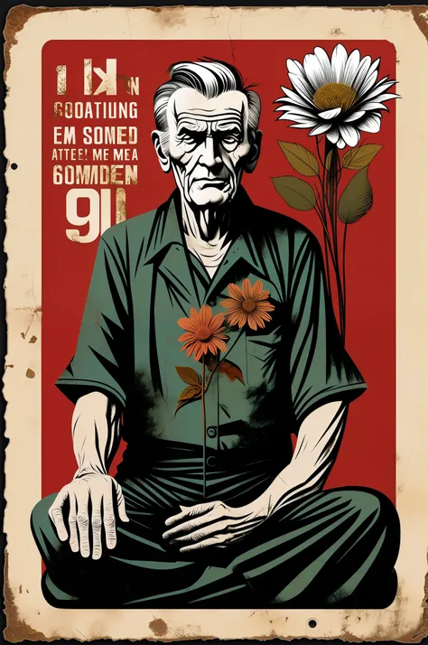 road sign of corroded metal iconography Note: Im meditating of an old man with a shotgun and a retro graphic flower from the 1950s, poster, tipografia, words in Portuguese