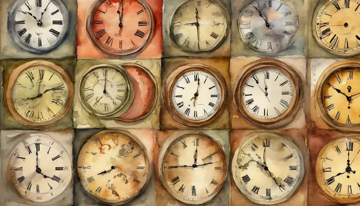 Close-up of the wall of a clock with various designs, Beautiful design、Beautiful colors、10 watches, Round clock、Square clock、Vertical clock、Watercolor Touch, Turner