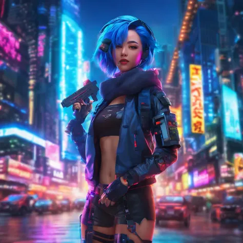 Handsome Japan girl, Blue hair, Sharp eyes, Clear facial features, wearing hoodies, battle posture, sniper, Holding a gun, Holographic Reality, Holographic Halo, Motion Blur, Game Light Effects,  head phone, edge light, Soft light, movie edge light, Delica...