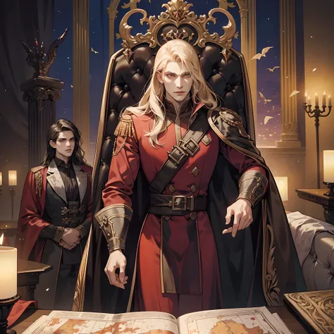 Castlevania Shadow Lord handsome Muscular Lord Dracula in the throne room with his soldiers looking into Map of Conquest discussing old scenes from cinematic scrolls movie Epic legendary perspective