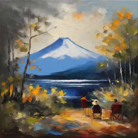 tmasterpiece、top-quality、Mt fuji，The back of a boy sitting in a camping chair，Black and white film