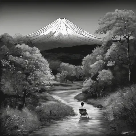 tmasterpiece、top-quality、Mt fuji，The back of a boy sitting in a camping chair，Black and white film