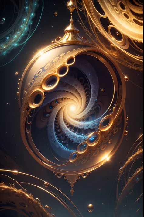 a close up of a golden and blue swirl with bubbles, digital art inspired by Mike Winkelmann, trending on pixabay, digital art, gold fractal details, silver gold fractal details, beautiful composition 3 - d 4 k, background artwork, 4k highly detailed digita...