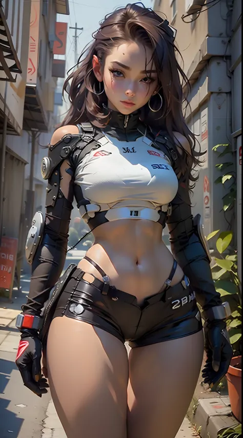 Woman body defined thick thighs cybernetic body parts, short underwear