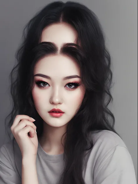 girl, black hair, long hair, brown eyes, grey shirt, blush, lips, realistic, make up, high quality, 1:1