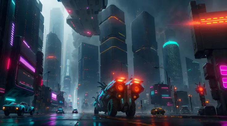 Avenida amplia de la Ciudad de Los Angeles, cyberpunk city from the science fiction film Blade runner, niebla, hiperdetallado, gente, Futuristic vehicles flying through the sky of the city, realista, ultrarrealista, alta calidad, ultra detalle, detalle loc...