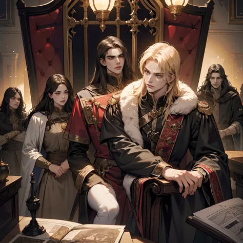 Castlevania Shadow Lord handsome muscular Lord Dracula in the throne room with his soldiers looking into Map of Conquest discussing hyper realistic super detailed faces of old cinematic scroll scenes movie Epic legendary perspective